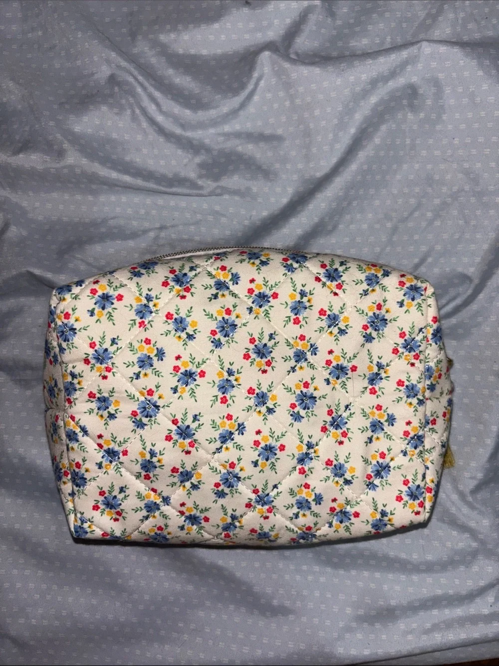 Marshalls Floral Quilted Cosmetic Pouch - Cream with Blue, Red & Yellow Accents